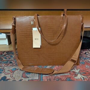 BÉIS Brown Croc-Embossed Tote Bag